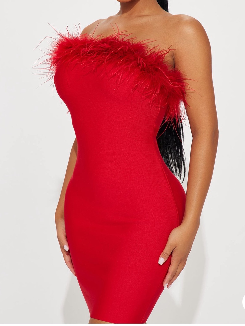 Red Strapless Feather-Trim Bodycon Dress